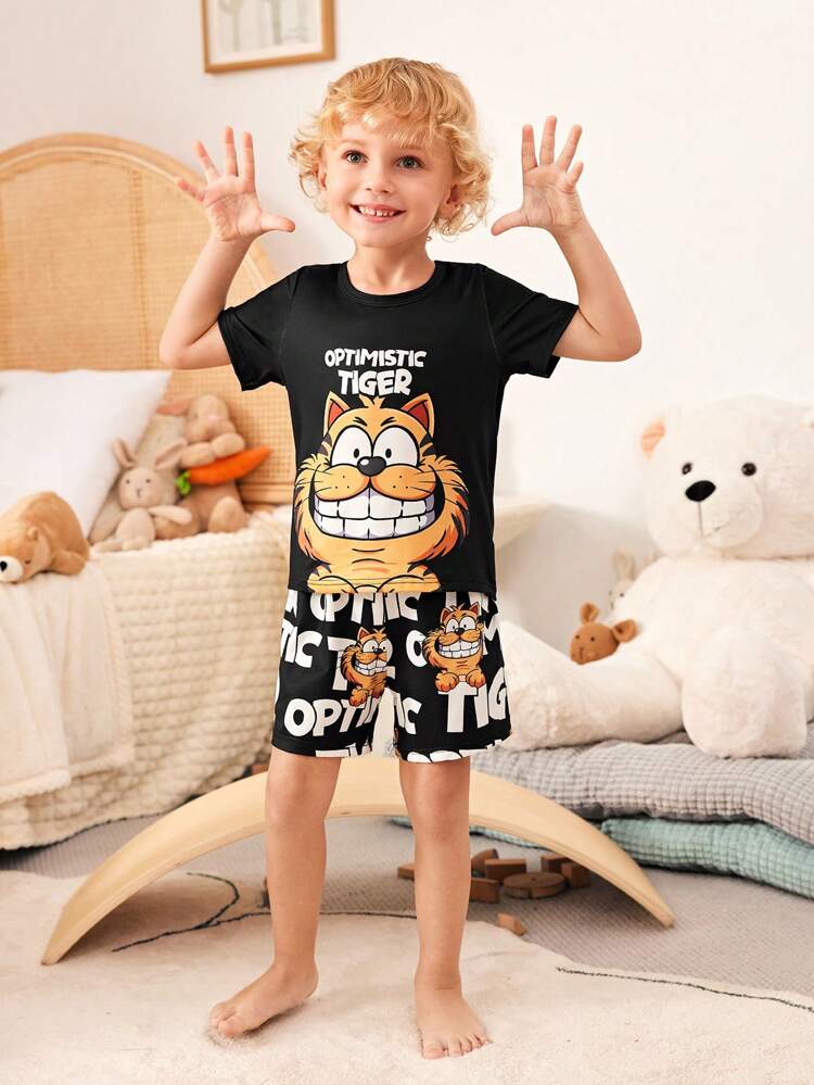 Young Boys' Spring New Arrivals Simple Top With Animal Tiger Print On Front And Positioned Print Shorts Full Of Prints Home Outfit
