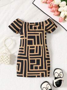 SHEIN Baby Mädchen Sommer Lässig Strick Kleid mit geometrischem Muster, Off-Shoulder Kurzarm-Design und Elastizität