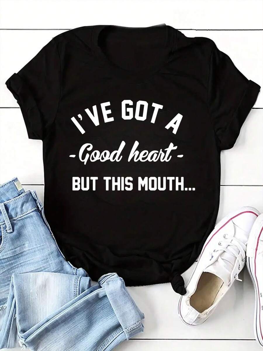 INAWLY 女士简约印花短袖 T 恤，夏季休闲上衣 I'VE GOT A Good Heart BUT THIS MOUTH 图案 T 恤女士上衣 - 黑色 - 查看 1