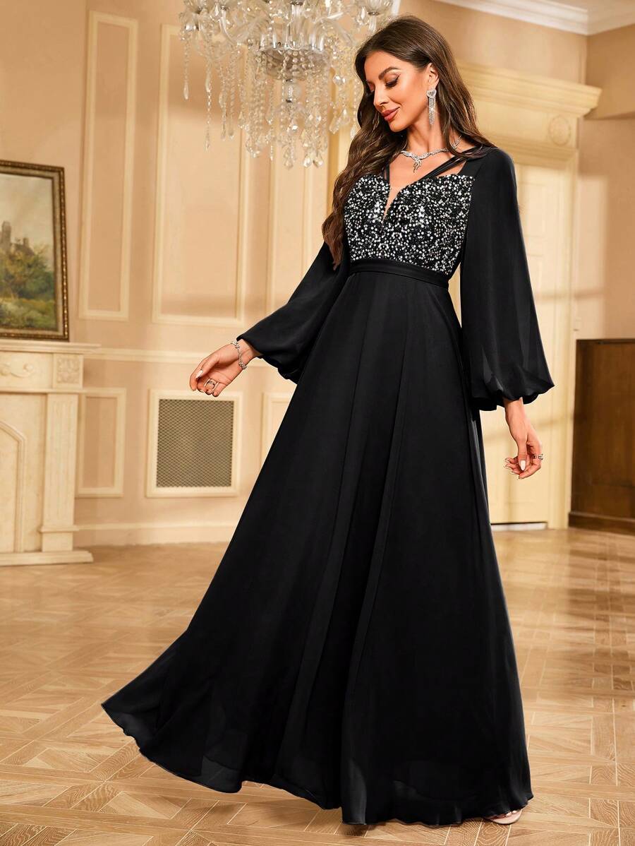 Long Sleeve Sequin Patchwork Extra Long Formal Dress Black Elegant Prom ...