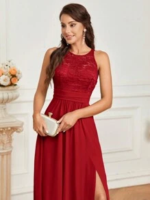 SHEIN Belle Women Fashionable Lace Spliced A-Line Dress With Side Slit, Perfect For Bridesmaid (Adult)