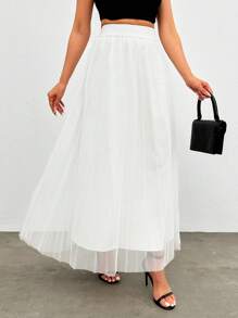 RueChic Váy xếp li lưới đơn giản màu trơn dành cho nữ - trắng - Xem 3