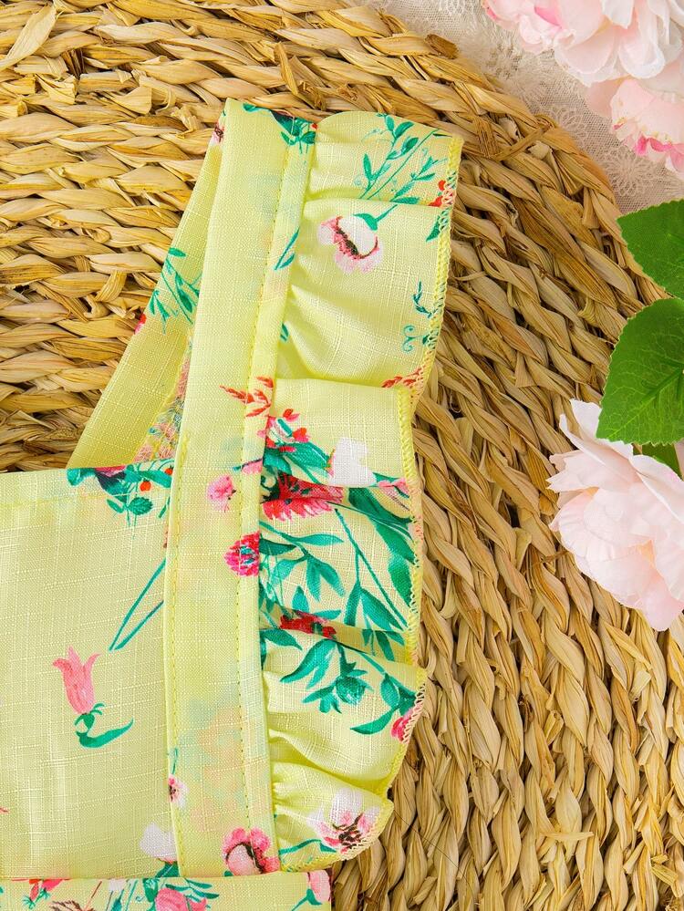 Baby Girl New Summer Style Milk Yellow Floral Print Romper With Hat