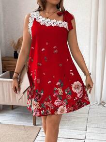 SHEIN Unity Váy mùa hè in họa tiết cổ bất đối xứng thời trang cỡ lớn cho phụ nữ cho quần áo năm mới - Đỏ - Xem 4