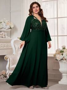 UNITHORSE Plus Size Sequin Patchwork Lantern Sleeve Extra Long Evening Dress - Dark Green - View 3
