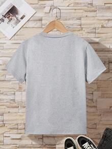 SHEIN 小中學男童短袖夏季休閒T卹，印有耳機圖案的圓領設計 - 灰色 - 查看 2