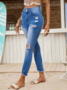 SHEIN VCAY Jeans de vacaciones casuales de mujer, ajustados con elástico en azul y desgastados con agujeros - Lavado ligero - Ver 2