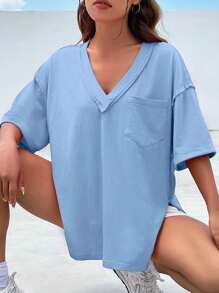 SHEIN EZwear Camiseta de punto de dama en azul cielo con cuello en V y bolsillo con lazo - Celeste - Ver 8