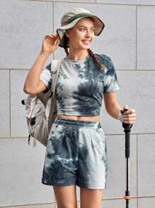 Streetz SHEIN Sport Jersey & Street Swear Tie-Dye Casual Short Sleeve Shorts Sportswear Set - Black and White - View 6