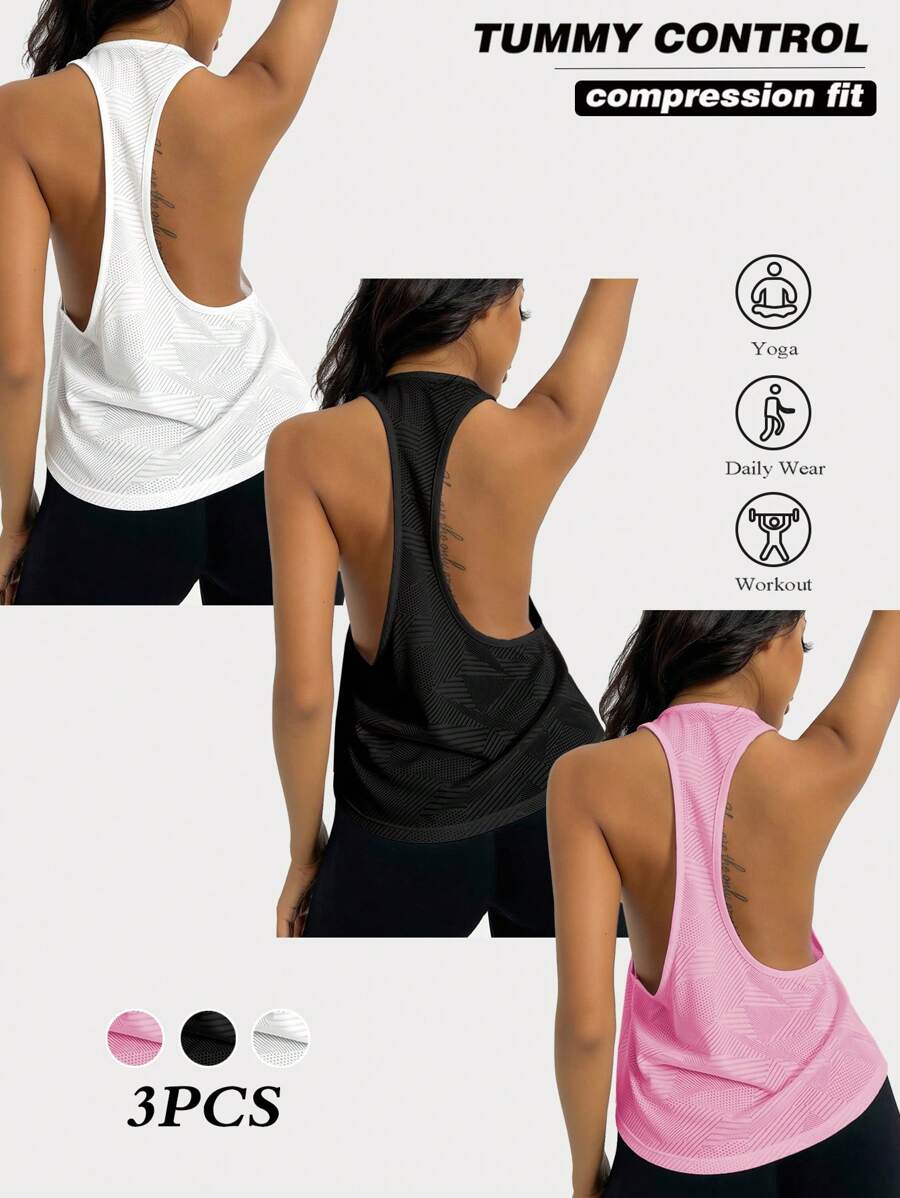 SHEIN Velisys Solid Color Racerback Sports Tank Top, Summer - White - View 1