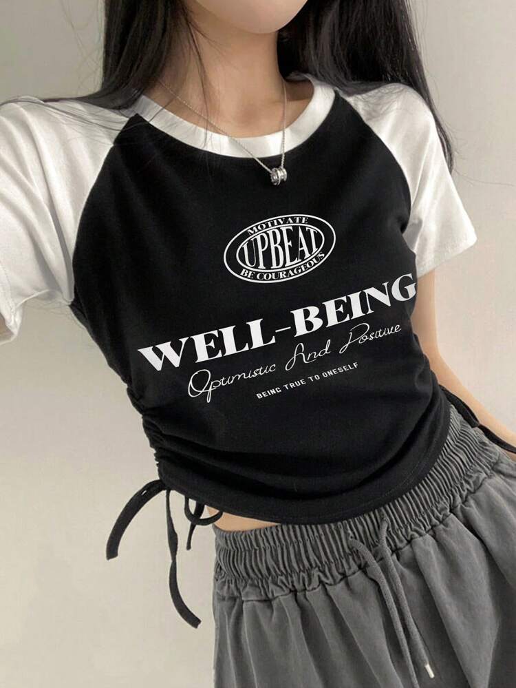 Women Short Sleeve T-Shirt With Color Block And Letter Patchwork Summer,Graphic Tees Preppy Tops