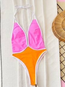 SHEIN Swim Women Simple And Fashionable One-Piece Swimsuit With Colorful Edges And Halter Tie For Beach Holiday Summer