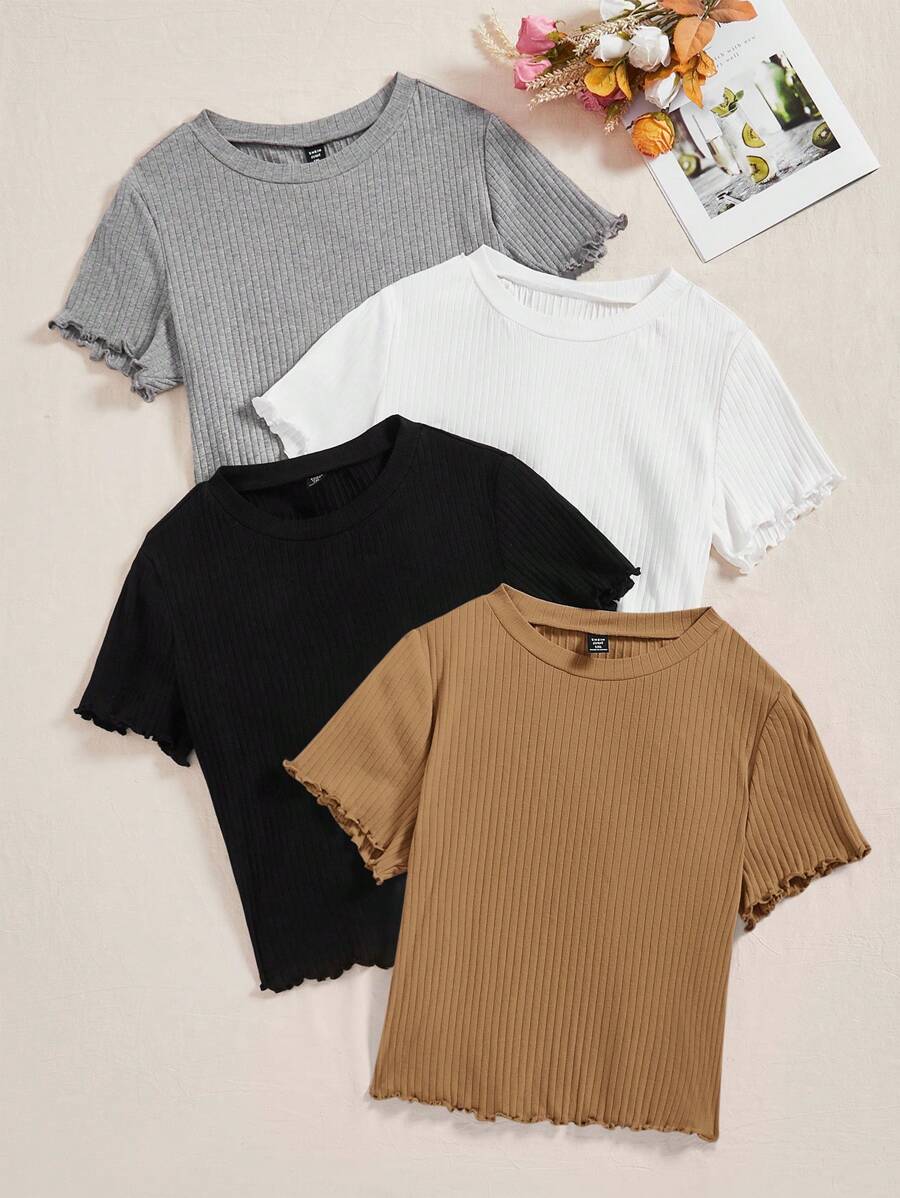 SHEIN EZwear 大尺碼純色針織女士短袖T恤 - 駝色 - 查看 1