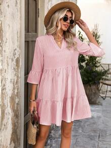 SHEIN Clasi Váy viền cổ xếp nếp in sọc - Hồng - Xem 4