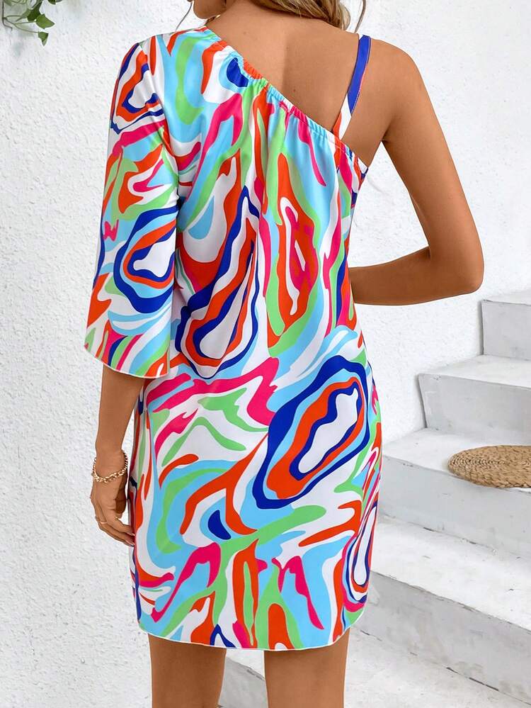 Ladies Stylish Colorful Printed Oblique Shoulder Dress