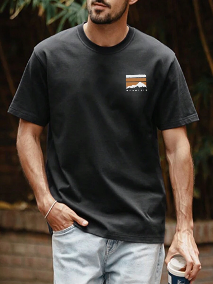 男士简约山地元素印花短袖T恤