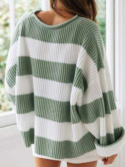 EMERY ROSE Plus Size Women Spring And Autumn Loose Round Neck Drop-Shoulder Long Sleeve Striped Casual Pullover Sweater, Winter Knit Pullover Fall