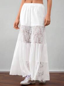 Forever 21 撞色蕾絲優雅束腰A字裙 - 白色 - 查看 4