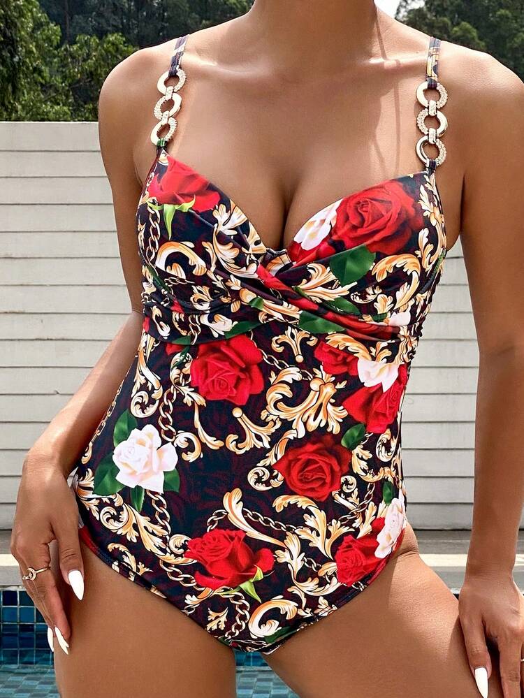 Ladies" Vacation Floral Print One-Piece Swimsuit With Cross-Cut And Metal Chain Summer