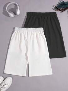 RueChic Simple Embroidery Black And White Drawstring Shorts Two-Piece Set - Multicolor - View 4