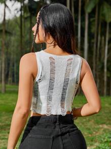 SHEIN EZwear 夏季破洞短款針織假兩件度假背心 - 白色 - 查看 2