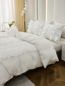 3pcs White Polyester Vertical Striped Ruffle Bedding Set With Four Big Bowknots And Three Layers Of Ruffles - White - View 8