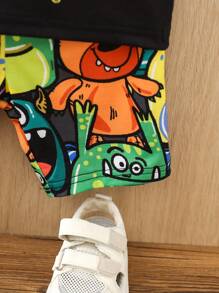 夏天寶寶男童印花短袖T恤和短褲套裝 - 綠色 - 查看 5