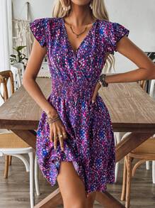 Breezaya Spring/Summer Floral V-Neck Dress With Shirred Waist, Ruffle Trim And Short Flounce Sleeves