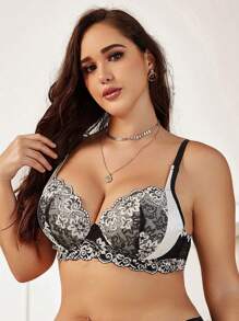 Elegant Plus Size Contrast Lace Push Up Bra Black And White With Floral Print Detail - Black and White - View 5