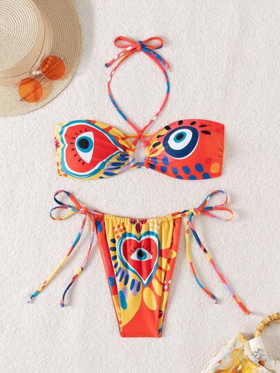 SHEIN Swim Halter Evil Eye Print Backless bikiniset voor dames, zomerstrand