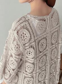 FRIFUL Damen Strand lässig Jakobsmuschelbesatz Pointelle Strickjacke