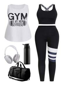 Easithlete Plus Size Women Sports Suit, Letter Print Round Neck Vest, Criss-Cross Back Vest And Striped Leggings Three-Piece Fitness Yoga Set - Black and White - View 1