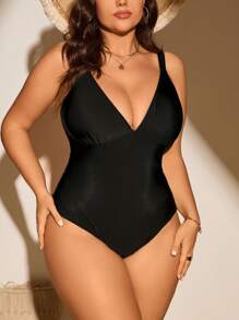 SHEIN Swim Curve 大尺碼夏季海灘性感純色扭結無背單件泳衣 - 黑色 - 查看 2