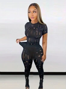 夏季新款欧美女士弹力破洞圆领短袖上衣和紧身裤套装