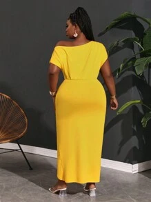 Slaydiva Plus Size Thanh Lịch & Dự Tiệc Trơn Vai Xiên Xẻ Cao Hem Bất Đối Xứng Đầm Nữ Tay Ngắn - Z - Màu vàng - Xem 2