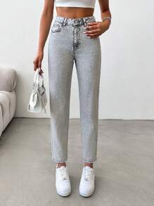 SHEIN Cottnline 高腰妈妈版牛仔裤 - 淺灰色 - 查看 3