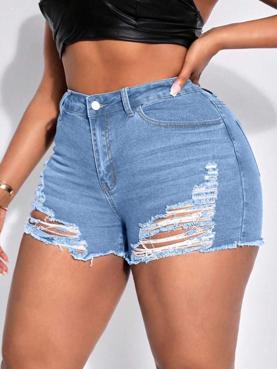 SHEIN SXY Plus Size Women Casual Denim Shorts With Distressed Design, Frayed Hem And Pocket Detail