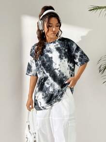 SHEIN EZwear Camiseta de punto de mujeres con cuello redondo, teñida a la técnica Tie-Dye con parches de diferentes telas. - Blanco y Negro - Ver 3