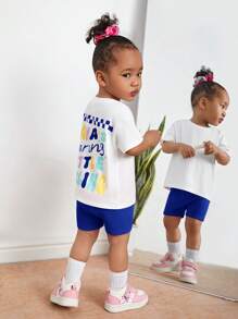 SHEIN Baby Girl Cute And Funny Printed Short Sleeve Top And Shorts Set - Blue - View 5