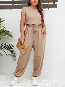 SHEIN LUNE Bộ áo liền quần màu trơn thường ngày mùa hè cỡ lớn với thiết kế khoét lưng, eo dây rút và đáy còng - Màu Khaki - Xem 5