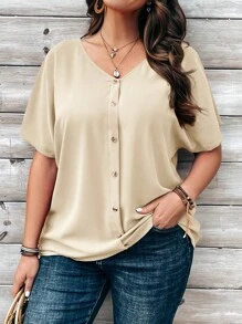 EMERY ROSE Plus Size Women's Orange Button Embellished Short Sleeve Shirt For Spring - Beige - View 1