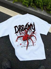 SHEIN Teen Girls Casual Spider Pattern Short Sleeve White T-Shirt, Suitable For Summer, Cotton Included