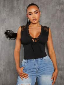 SHEIN SXY Blusas de verano de estilo western para mujeres, blusas negras de tirante para mujer con detalle de encaje - Negro - Ver 6