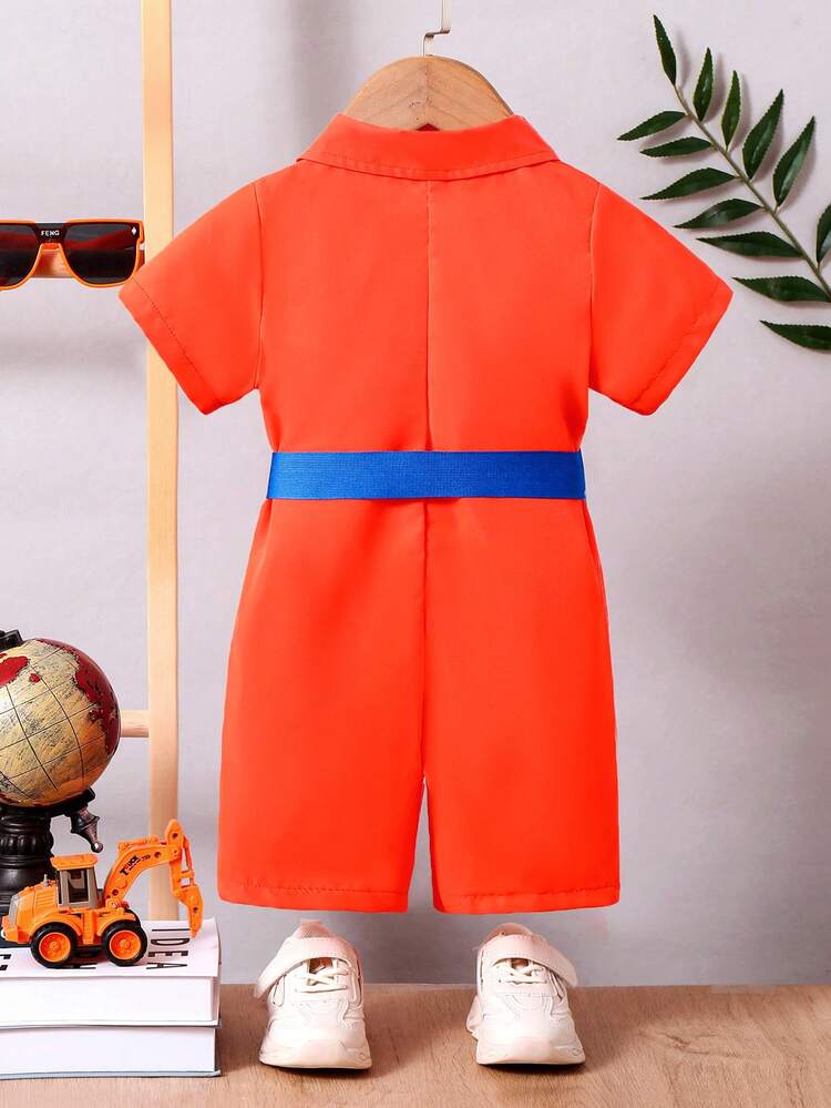 Baby Boys' Blue Short Sleeve Romper With Tool Belt Print And Small Embroidery Badge