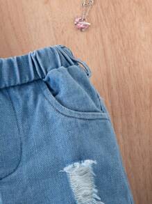 嬰兒女夏季涼爽的不對稱肩帶坦克衫和破洞牛仔褲套裝