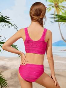 Conjunto de Tankini de Camisola de Textura de Garota Tween para Férias na Praia com Calcinha de Triângulo - Pink - Visão 2