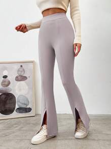 RueChic Solid Elastic Waist Seam Front Split Hem Pants - Dusty Pink - View 2