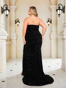 Trägerloses Partykleid in Große Größen mit Schlitz und Pailletten (schweres Design), Schwarz, elegantes formelles Abendkleid für Hochzeitsgäste, für Abschluss, Dinner