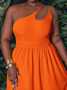 Slaydiva 休闲度假黄色单肩高开叉大码女式夏季连衣裙 - 橘色 - 查看 4