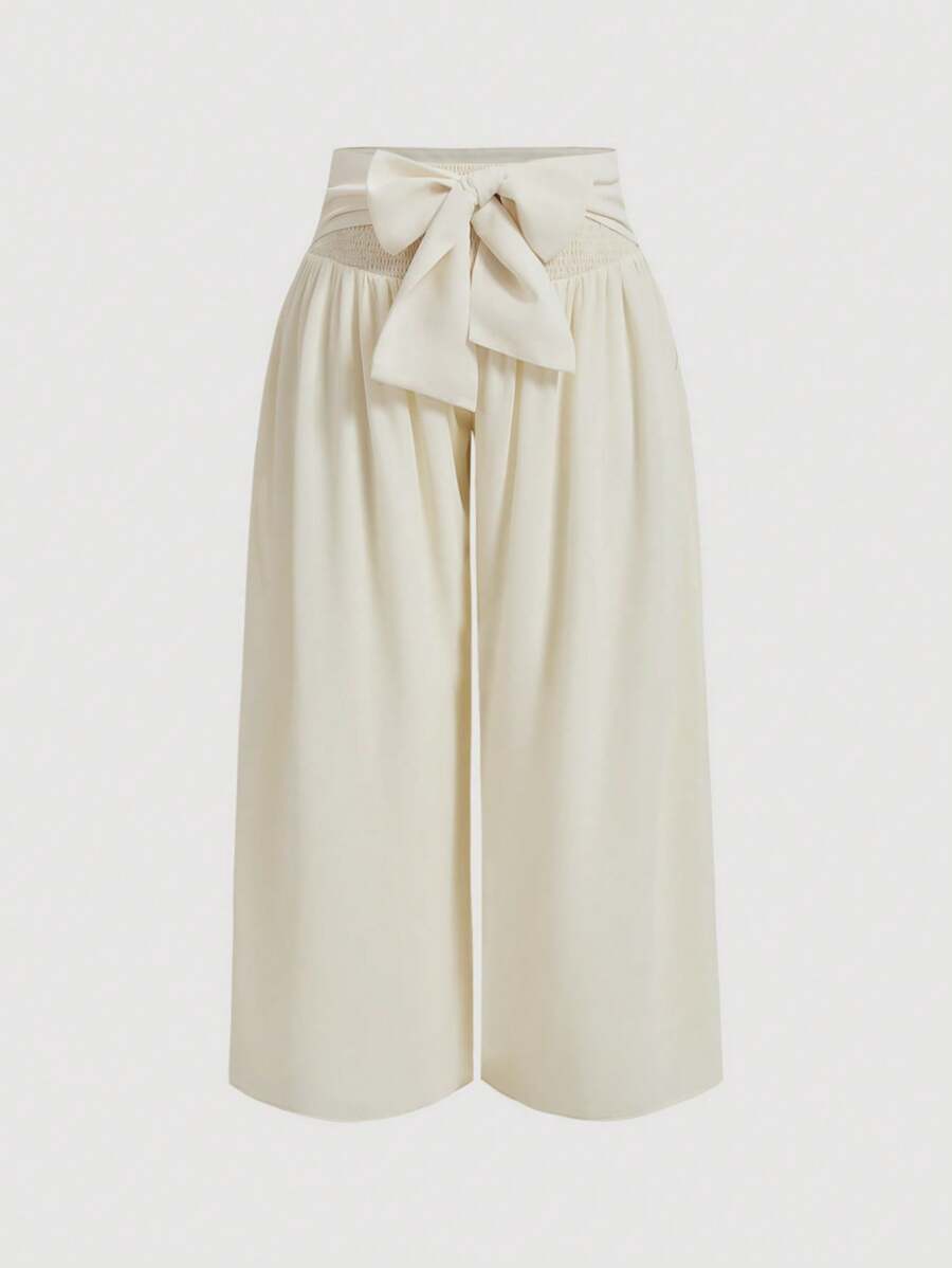 SHEIN MOD Pantalones color albaricoque con cinturón de lazo para primavera en talla grande - Albaricoque - Ver 1